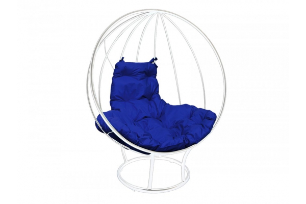 Кресло Кокон Круглый на подставке каркас белый-подушка синяя