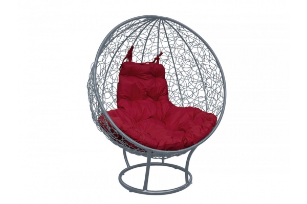 Кресло Кокон Круглый на подставке ротанг каркас серый-подушка бордовая