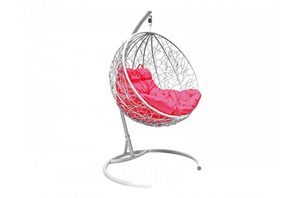 Подвесное кресло Кокон Круглый ротанг каркас белый-подушка розовая