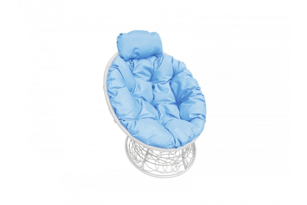 Кресло Папасан мини с ротангом каркас белый-подушка голубая