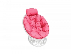 Кресло Папасан мини с ротангом каркас белый-подушка розовая