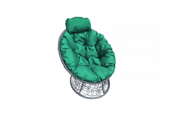 Кресло Папасан мини с ротангом каркас серый-подушка зелёная