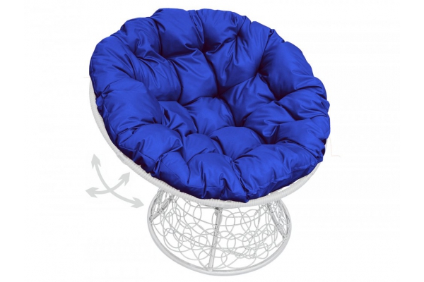 Кресло Папасан пружинка с ротангом каркас белый-подушка синяя