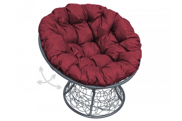 Кресло Папасан пружинка с ротангом каркас серый-подушка бордовая