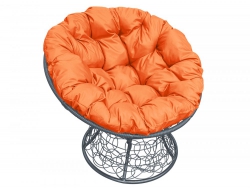 Кресло Папасан с ротангом каркас серый-подушка оранжевая