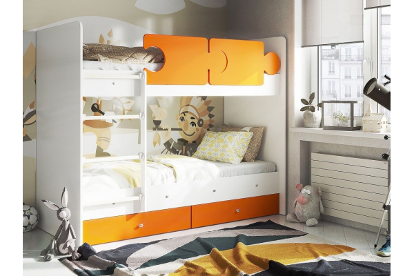 Кровать двухъярусная Тетрис латы с бортиками белый-оранж