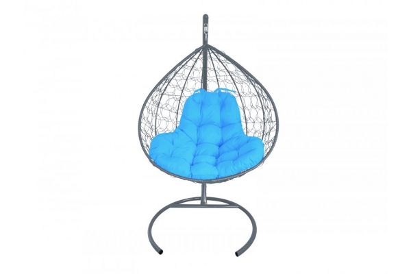 Подвесное кресло Кокон XL ротанг каркас серый-подушка голубая